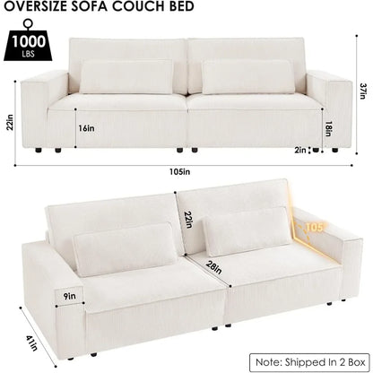 Canapé blanc moderne de 105 pouces avec siège d'amour extra profond et coussin moelleux et 2 oreillers, canapés Cloud confortables en velours côtelé surdimensionnés 4 places