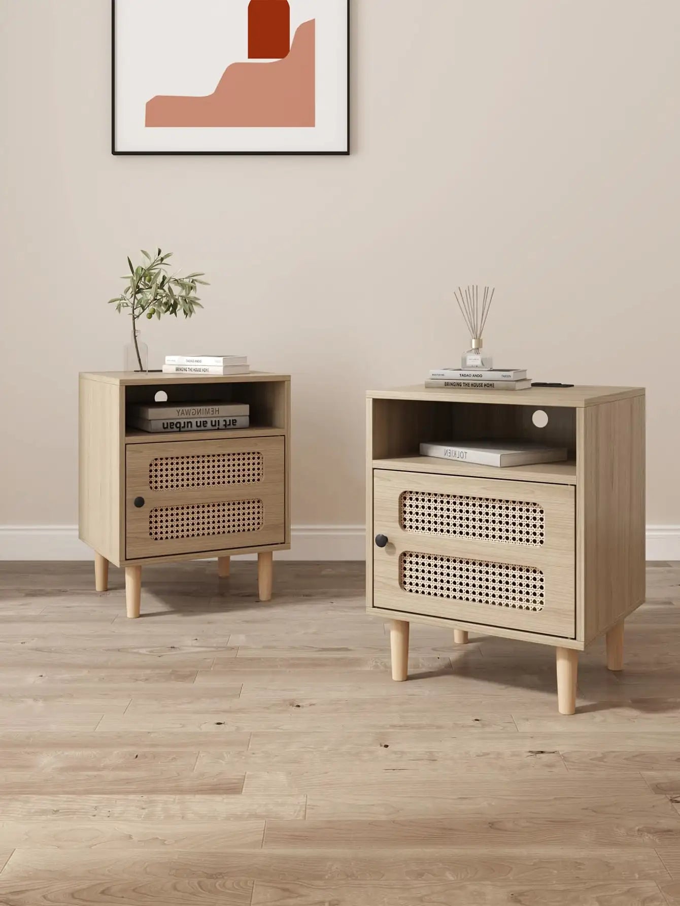 Rattan Nightstand Set of 1/2 with Charging Station, Boho End Table, Side Table with USB Ports & Power Outlets,1 Storage