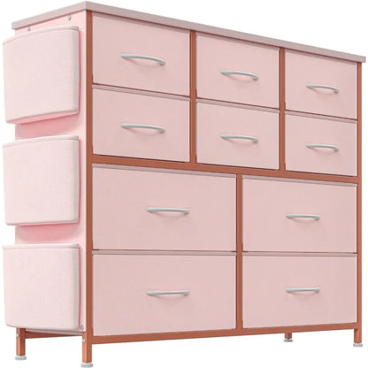 Dresser for Bedroom with 10 Drawers, Dressers & Chest , Long Fabric Storage Drawer with Wood Tabletop for Closet,Entryway (Pink)