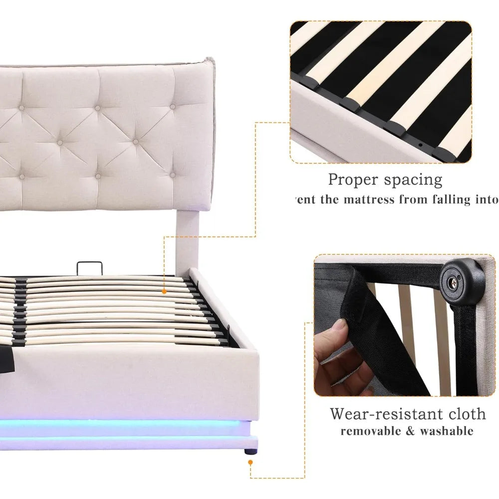 Cama, cama tapizada de tamaño completo con sistema de almacenamiento hidráulico y luz LED, cama de plataforma moderna con botones78.7"L x 65W x 45.3"H