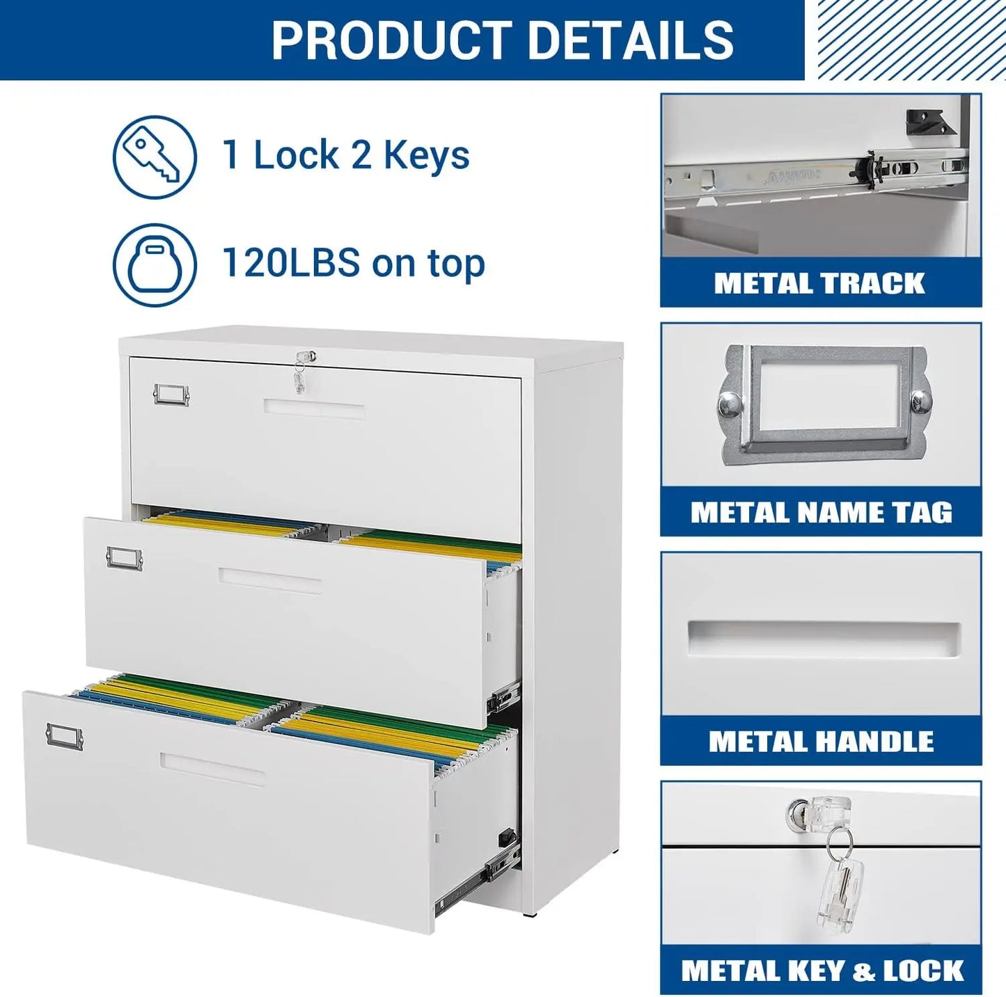 Archivador lateral con cerradura, archivador grande de metal de 3 cajones, gabinete de almacenamiento con cerradura para oficina en casa para archivos colgantes Lette