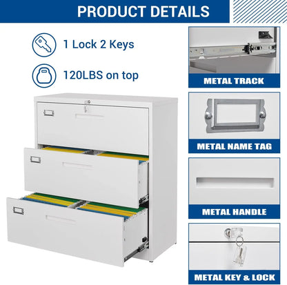 Archivador lateral con cerradura, archivador grande de metal de 3 cajones, gabinete de almacenamiento con cerradura para oficina en casa para archivos colgantes Lette