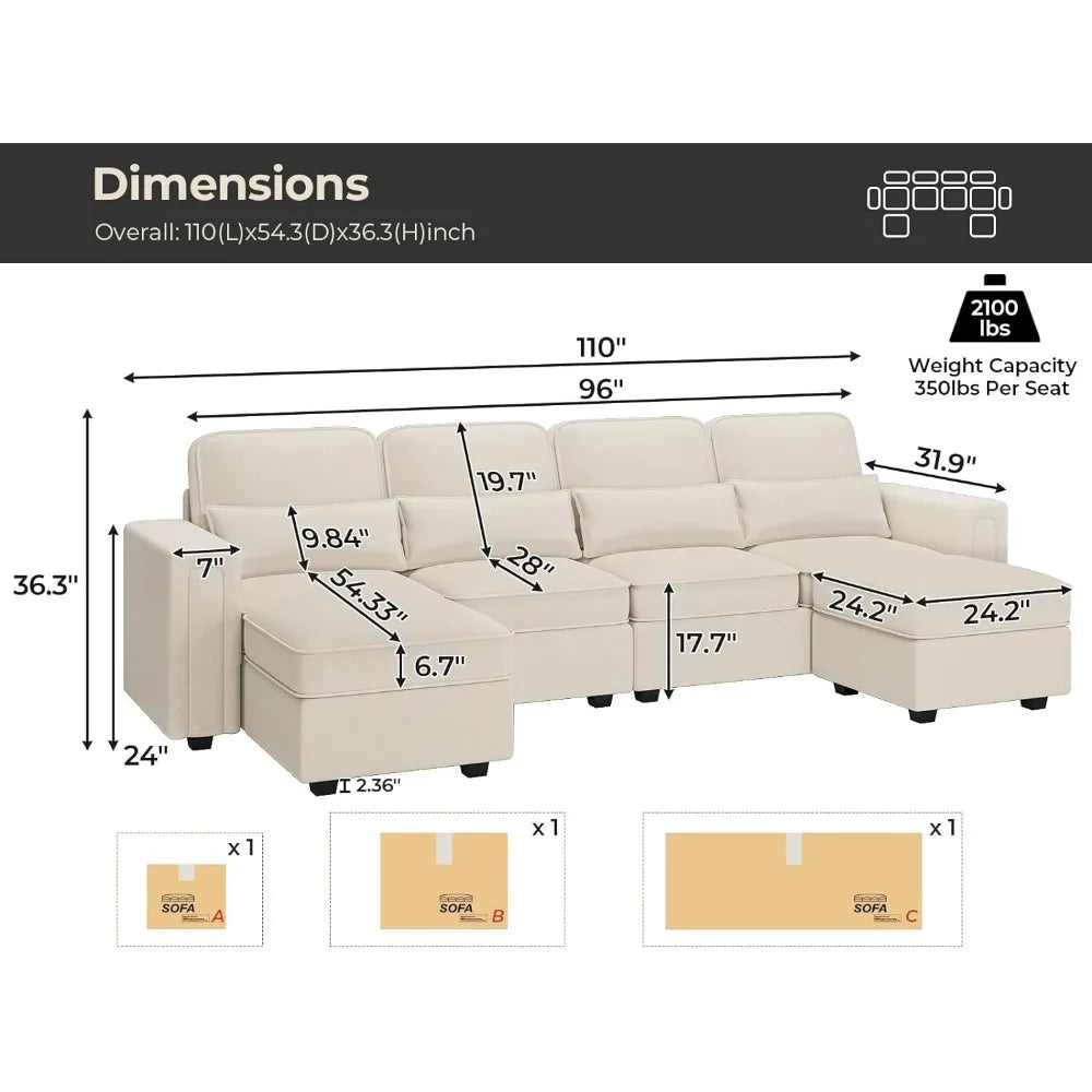 Living Room Sofa, 6 Seats U-Shaped Convertible Couch with Reversible Chaise, Modular Sofa with Pillows & Storage Ottoman, Beige