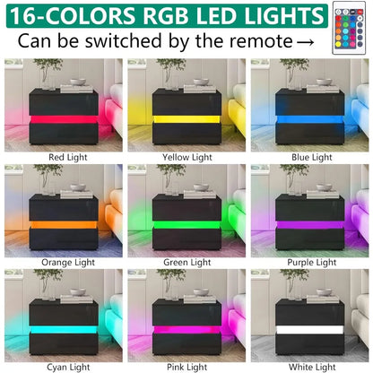 Set of 2 LED Nightstands Nightstand with 2 Drawers High Gloss Night Stands with 16 Colors LED Lights Side Table