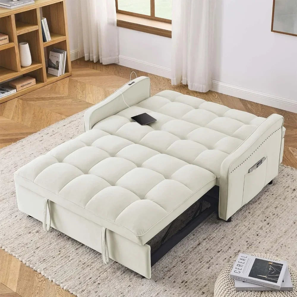 3 in 1 Sleeper Sofa Couch Bed with USB & Type C Port, 52" Small Modern Convertible Tufted Velvet Loveseat Sofa w/Pull Out Bed