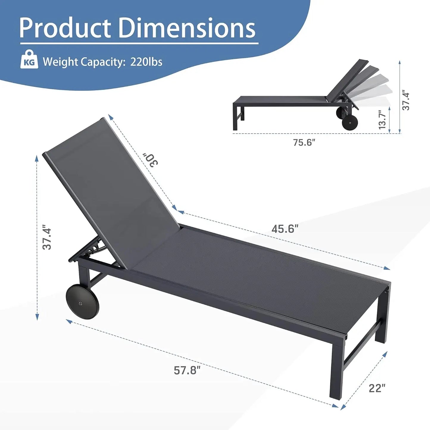 2PCS Outdoor Chaise Lounge with Wheels, Aluminum Patio Lounge Chair with 5 Adjustable Positions for Poolside, Beach, Yard