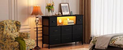 Dresser for Bedroom with Power Outlets and LED Lights, Black 55" TV Stand with 8 Drawers, Fabric Chest