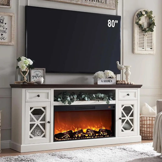 Farmhouse Fireplace TV Stand with 36" Electric Fireplace for 80 Inch TVs, 31" Tall Entertainment Center w/Drawer