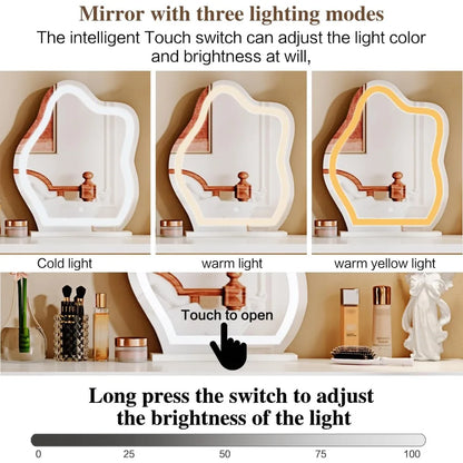 Coiffeuse d'angle blanche moderne avec miroir LED et 6 tiroirs spacieux, meuble de toilette, commode pour chambre à coucher