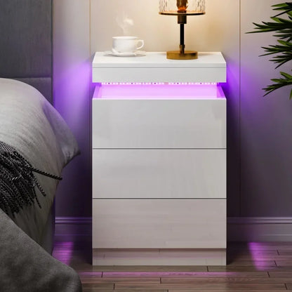 Table d'appoint haute brillance pour chambre à coucher, table de chevet en acrylique, meuble pour chambre, table de chevet à LED avec 3 tiroirs, tables de chevet, table de maison