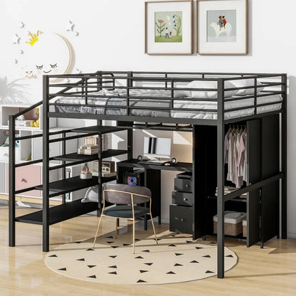 Cama alta completa con escritorio y armario, cama alta con escaleras de almacenamiento, cama alta de tamaño completo para adultos, niños y adolescentes, de metal, color negro