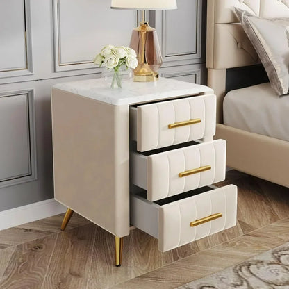 Nightstand with Drawers Set of 2, Upholstered Wood Bedside End Table with Marbling Top, 2 Pack, Beige Nightstands