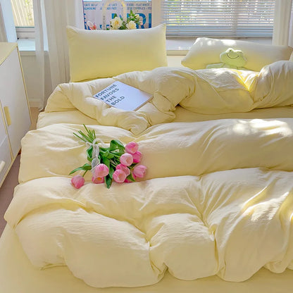 High Quality INS Style Solid Color Bedding Set Washed Cotton Bed Linen Yellow Duvet Cover Flat Sheet Pillowcase Girls Bedclothes