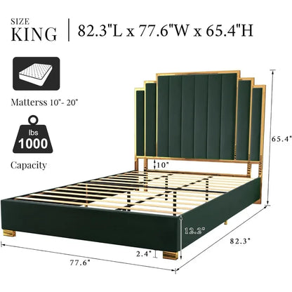 Cadre de lit plateforme King Size, lit rembourré en velours de 65 po avec tête de lit à bordure dorée/lattes en bois/pas besoin de sommier/vert