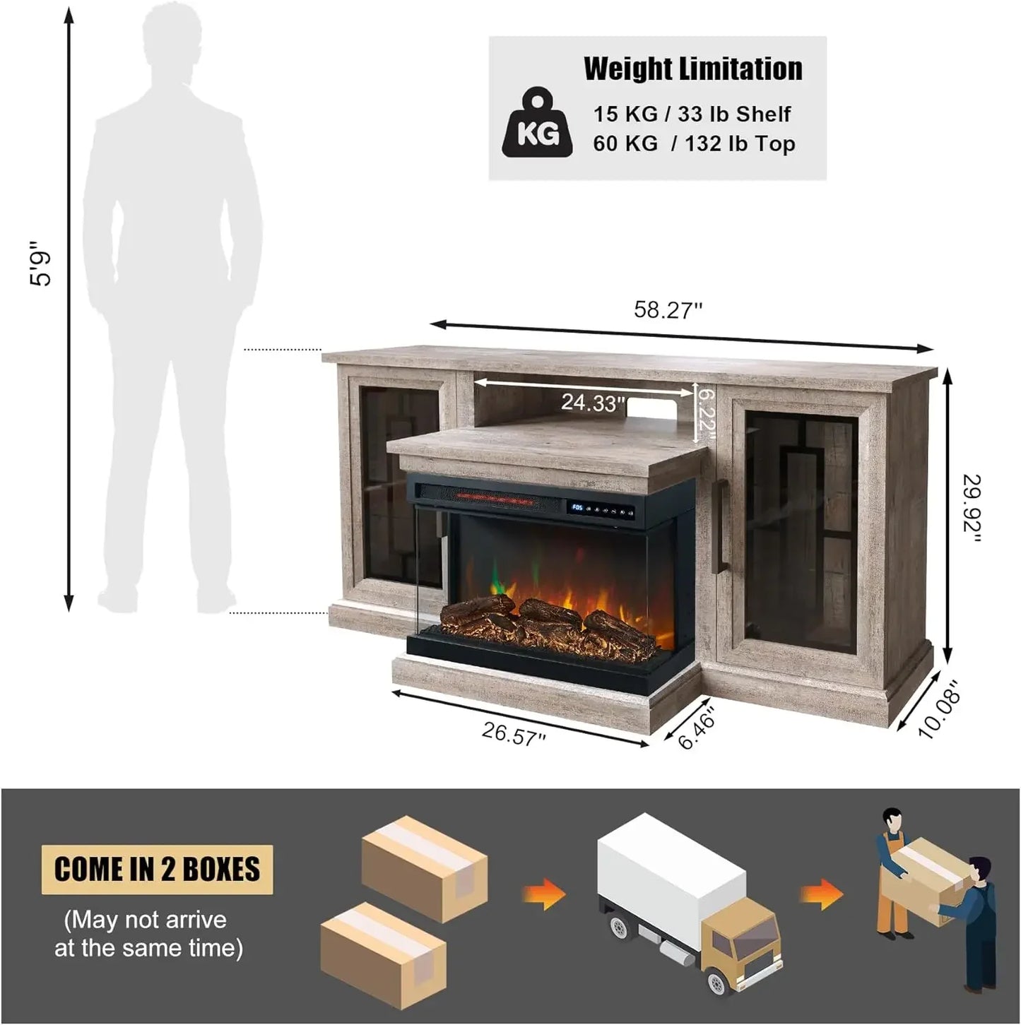 Soporte para TV LED de 59 pulgadas con chimenea de vidrio en 3 lados, consola central de entretenimiento multimedia moderna para televisores de hasta 65 pulgadas