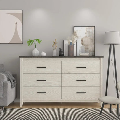 Commode double en bois à 6 tiroirs, large commode avec poignées en métal, meuble TV et meuble de rangement pour chambre à coucher, salon, noir/blanc