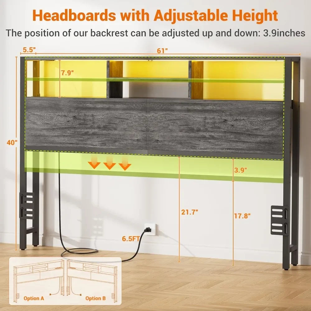 Queen Size Headboard with Outlets, USB Ports and LED Light and Storage, Height Adjustable, Headboard for Queen Size Bed Frame