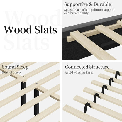 Full Bed Frame Upholstered Platform Bed with Wing Side Tufted Headboard/Sturdy Wooden Slat Support/No Box Spring Needed