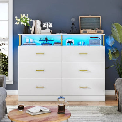 White Dresser for Bedroom with 6 Drawers, Dressers & Chests of Drawers with Column Design & Charging Station, Led Wide Dresser