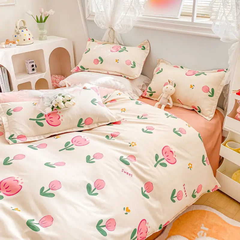 Juego de ropa de cama estilo Ins con diseño floral, oferta especial, juego de funda nórdica individual, tamaño queen y matrimonial, sin relleno, sábanas planas, fundas de almohada, ropa de cama bonita