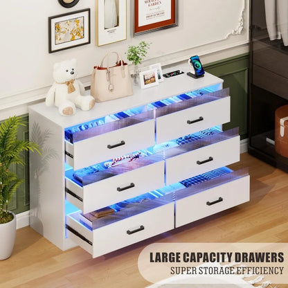 7 Drawers Dresser for Bedroom, Large Chest of Drawers with LED Light, Modern Dresser with USB & Type-c Charging Ports