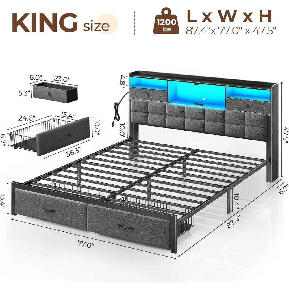 Marco de cama tamaño king con cajones y estación de carga, plataforma de cama tapizada con cabecera de almacenamiento y luz LED