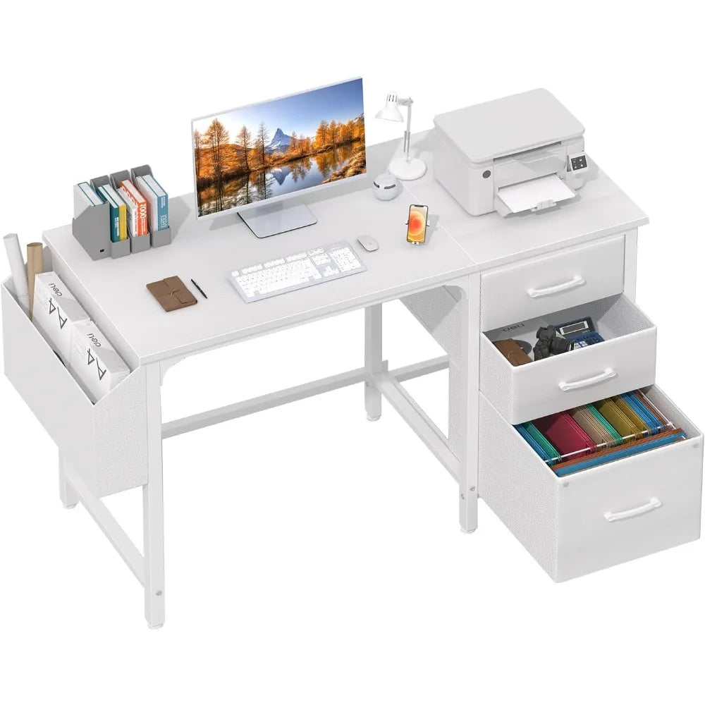 with File Drawers Cabinet, 47 Inch Home Office Desks with Fabric Filing Cabinet for Small Space, Modern Writing Table PC Desks