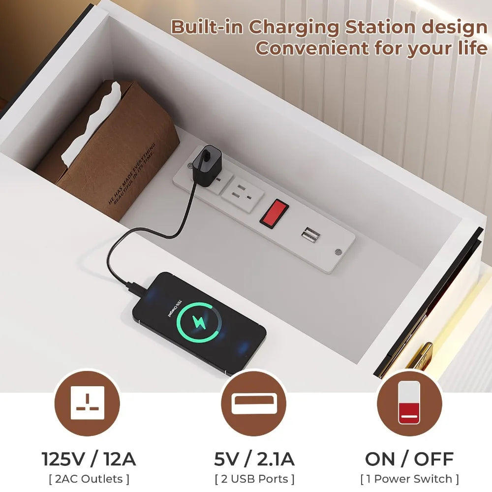 2024 New LED Nightstands Set of 2, Nightstand with Charging Station and Sliding Top,Bedside Table with Power Outlets & Drawers