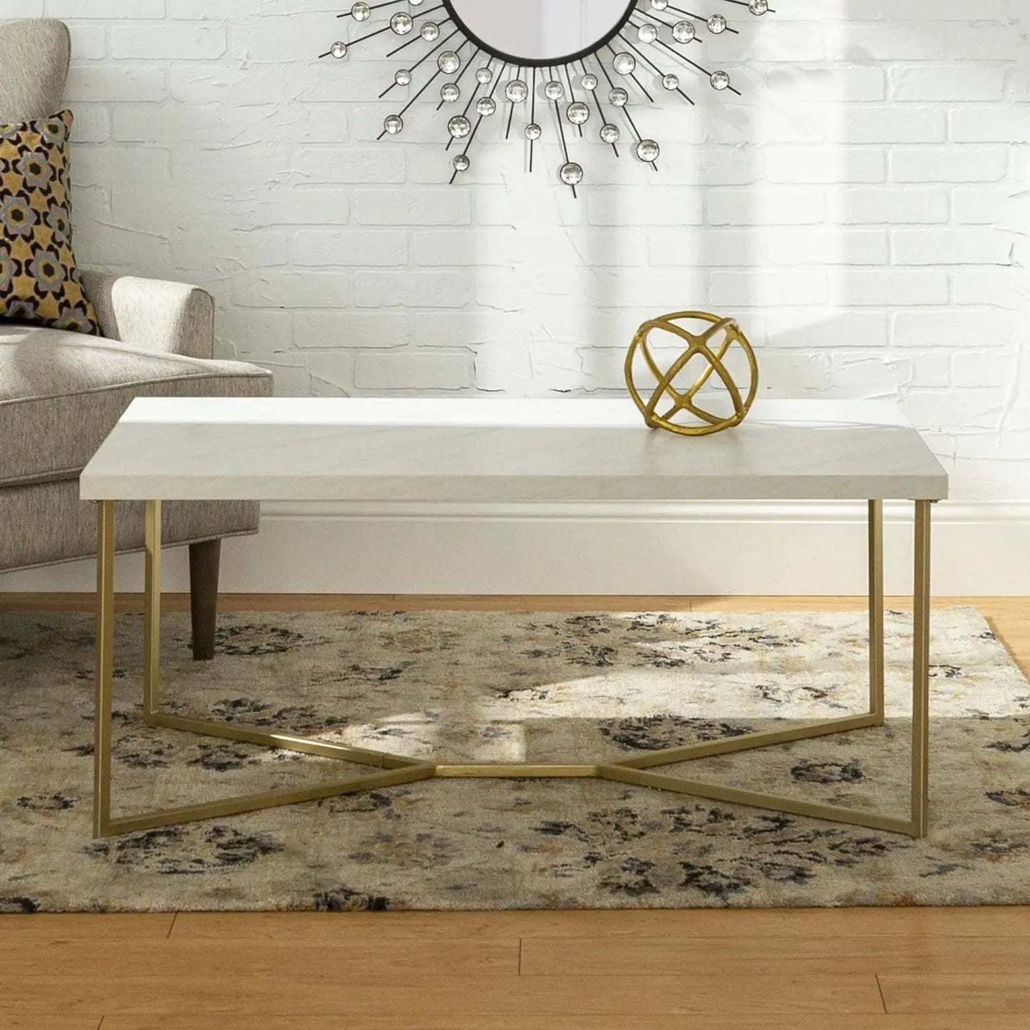 US  Modern Gold Console Table 39" Entryway Table with White Faux Marble Living Room furniture living room marble