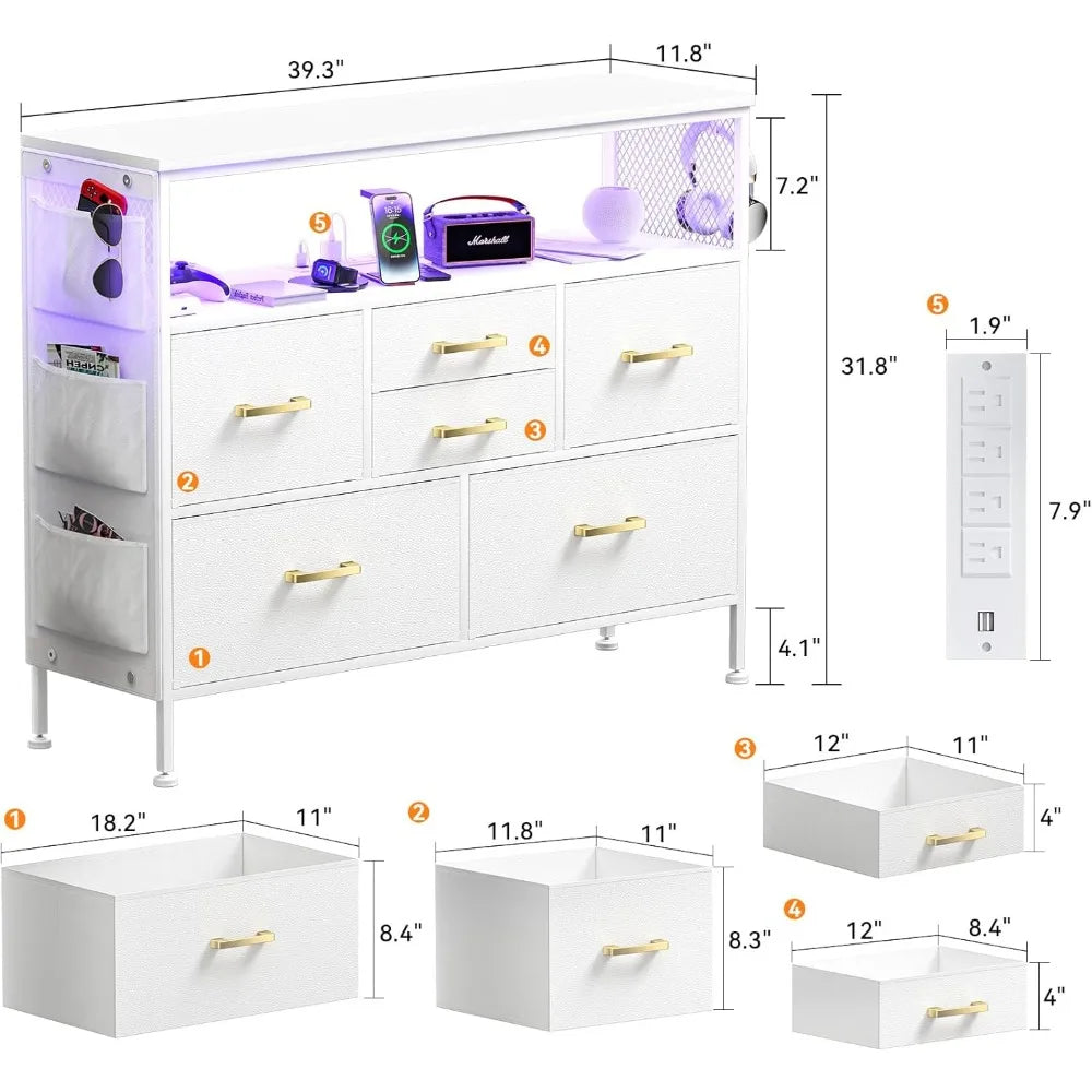 Commode pour chambre à coucher, meuble TV avec prises de courant et lumière LED, commode à 6 tiroirs avec poches latérales et crochets