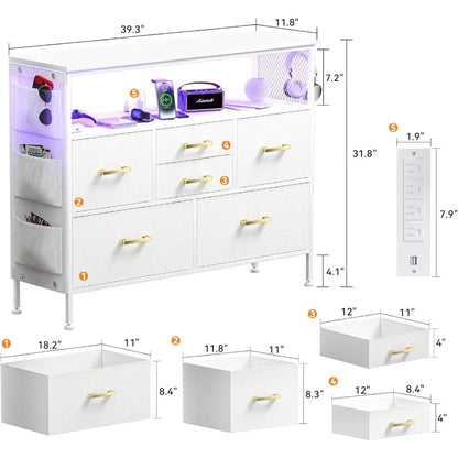 Cómoda para dormitorio con mueble de TV con tomas de corriente y luz LED, 6 cajones, bolsillos laterales y ganchos