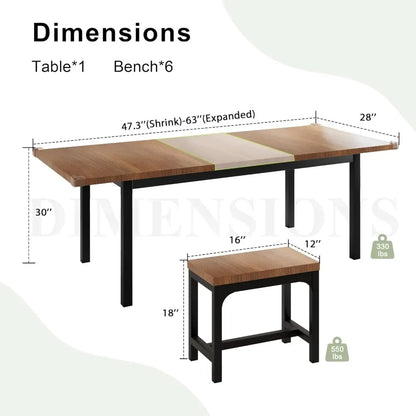 7-Piece Extendable Dining Set, 63" Table with 6 Stools, Mid-Century Style, Heavy-Duty Frame, Easy Assembly (Walnut)