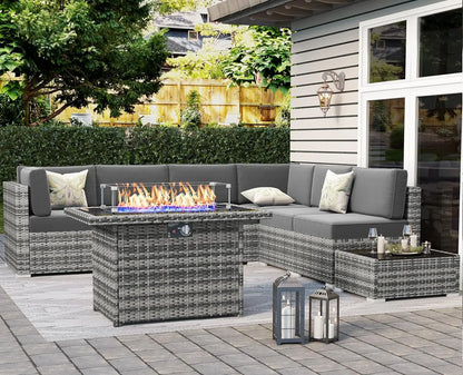 8 Piece Patio Furniture Set with 44" Propane Gas Fire Pit Table, Set Wicker Rattan Sofa Set and Coffee Table Rattan Möbel