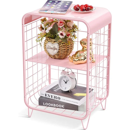 Cute Pink Nightstand,Metal Side Table,3 Tier End Table with Storage,Vintage Bedside Table,Girls Bedroom Furniture