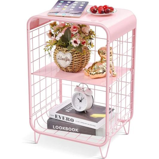 Cute Pink Nightstand,Metal Side Table,3 Tier End Table with Storage,Vintage Bedside Table,Girls Bedroom Furniture