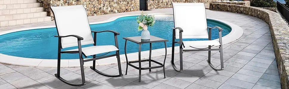 3 Piece Outdoor Rocking Bistro Set, Textilene Fabric Small Patio Furniture Set, Front Porch Rocker Chairs Conversation Set with