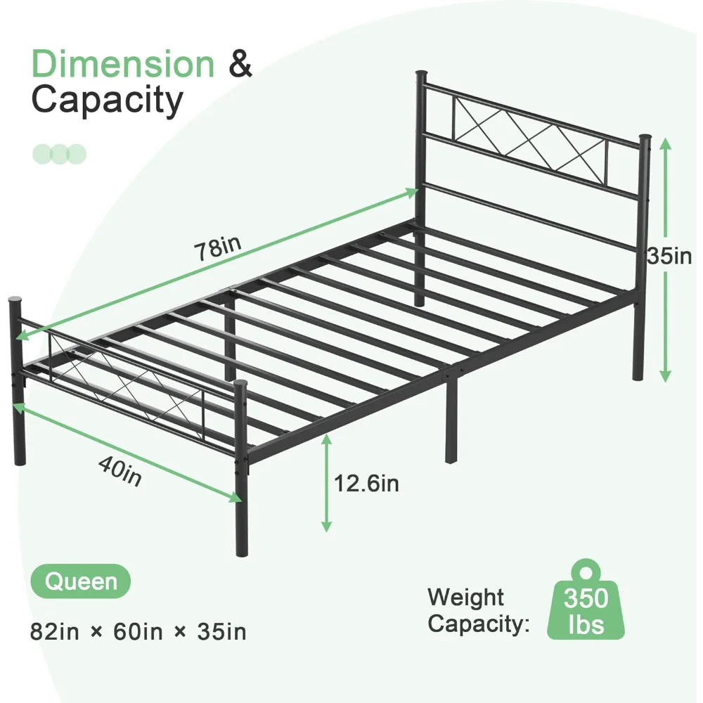 Cadre de lit double VECELO avec tête de lit, sommier à plateforme/matelas robuste avec support à lattes métalliques, sans sommier