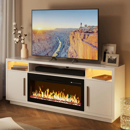 Meuble TV avec cheminée de 70 po pour téléviseurs jusqu'à 75 po, centre de divertissement à éclairage LED avec radiateur de cheminée électrique de 36 po, armoire de rangement