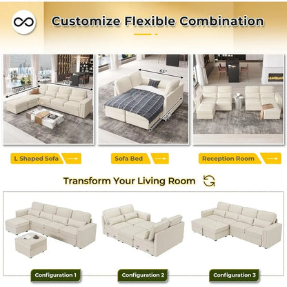 Living Room Sofa, 6 Seats U-Shaped Convertible Couch with Reversible Chaise, Modular Sofa with Pillows & Storage Ottoman, Beige