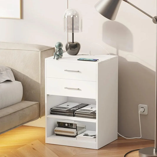 Bedside Table Bedside Table With 2 AC Outlets and 2 USB Ports Storage Locker Nightstand With Charging Station Bedroom Furniture