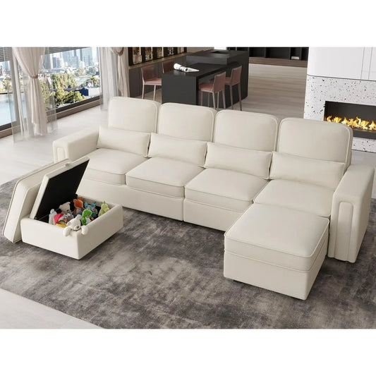 Living Room Sofa, 6 Seats U-Shaped Convertible Couch with Reversible Chaise, Modular Sofa with Pillows & Storage Ottoman, Beige