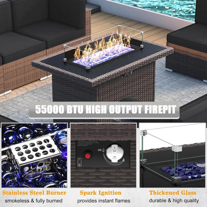 8 Piece Patio Furniture Set with 44" Propane Gas Fire Pit Table, Set Wicker Rattan Sofa Set and Coffee Table Rattan Möbel