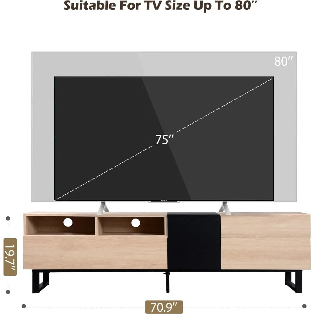 Modern TV Stand with 3 Cabinets & Open Shelves, Minimalist Wooden Entertainment Center for TVs Up to 80”，Living Room Bedroom