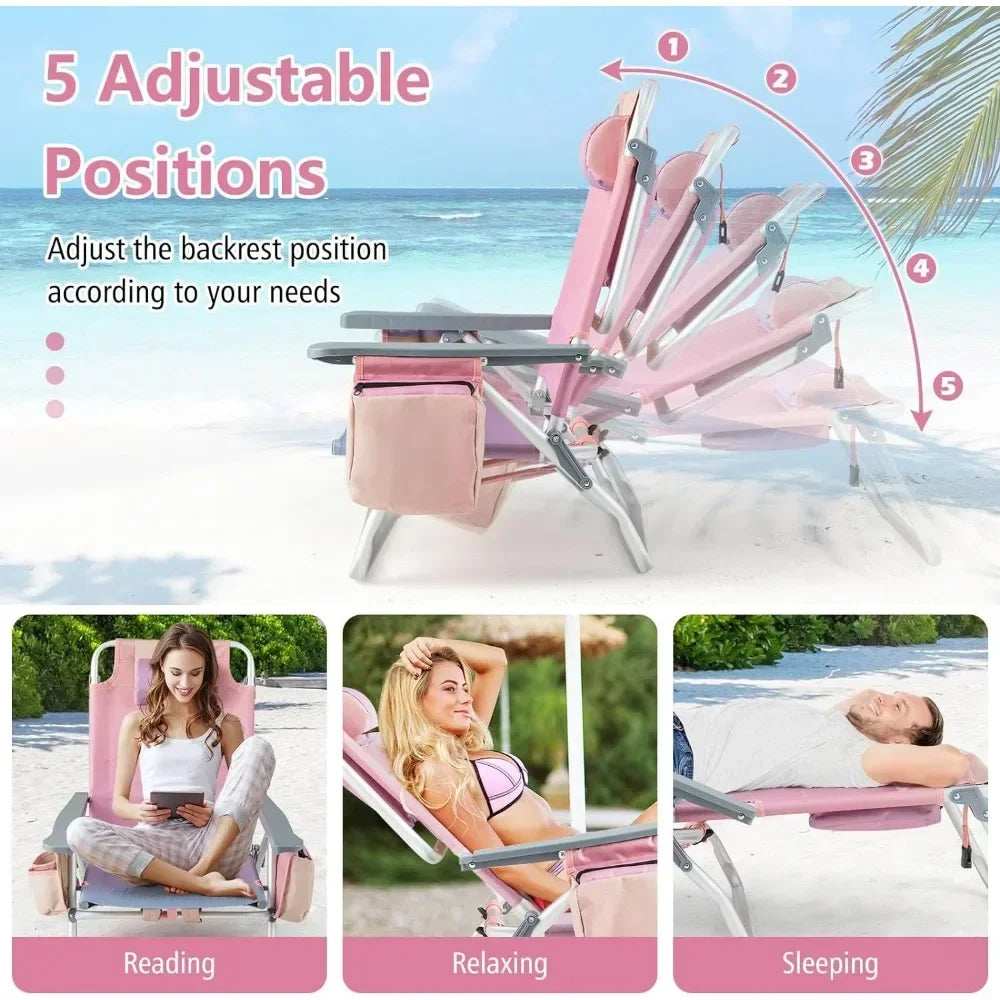 Lot de 2 chaises de plage, chaises de bain de soleil avec 5 positions réglables, chaises de sac à dos de pêche pliantes