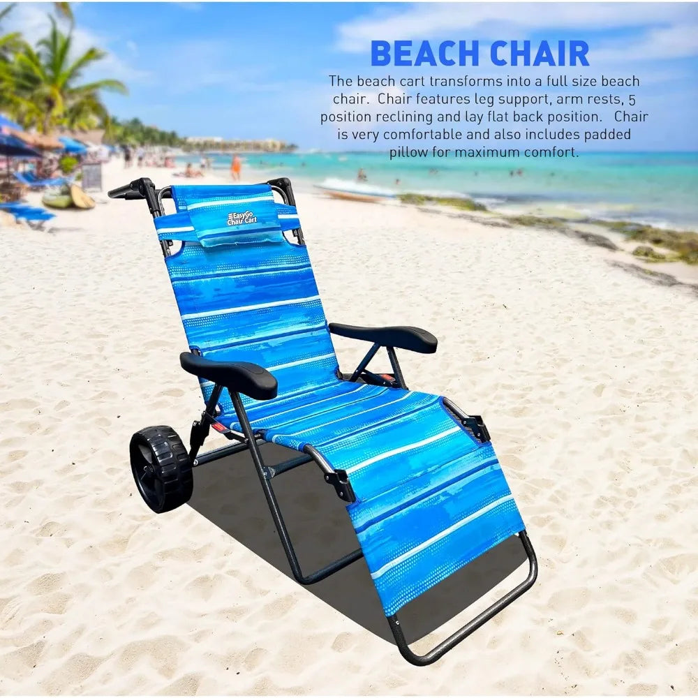 Beach Cart Chair – 2 in 1 Turns from Beach Cart to Beach Chair  Large Wheels  Easy to Use  Large Capacity Blue Striped