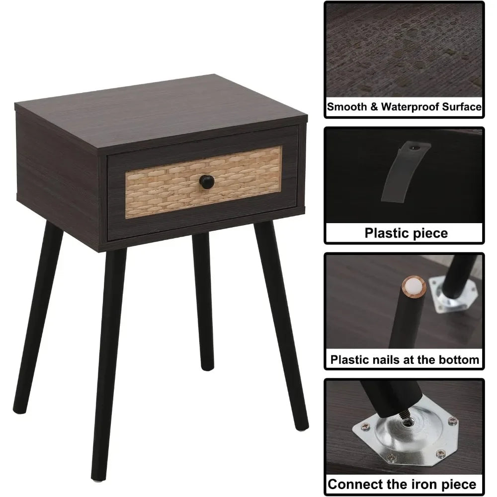 Juego de 2 mesitas de noche, mesita de noche auxiliar con cajón de almacenamiento y patas de madera maciza, muebles para dormitorio y sala de estar