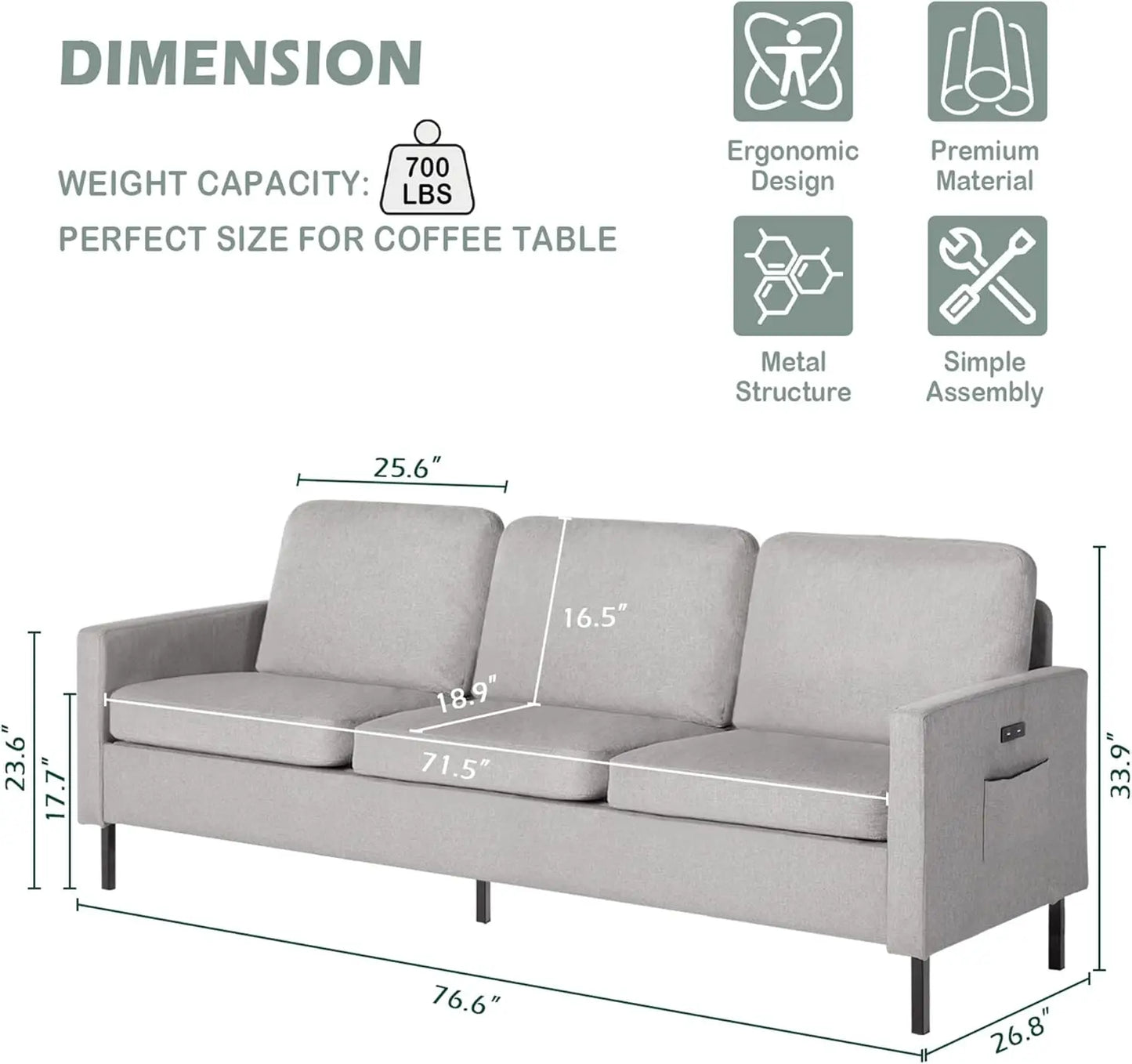 Modern Comfy Couch with  USB, Small Couches for Living Room Apartment Bedroom Small Spaces, Office Couch