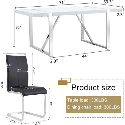 Set of dining table for 6 people, leather dining chairs, modern gold-framed dining room with gold-framed white rectangular table