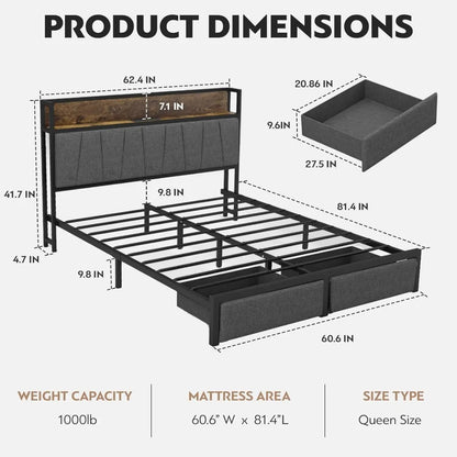 Drawers Platform Bed Frame with Storage Chargin Station LED Light Bed Frame, Heavy Duty, No Box Spring Needed