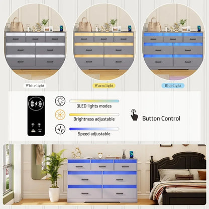 7 Drawers Dresser for Bedroom, Large Chest of Drawers with LED Light, Modern Dresser with USB & Type-c Charging Ports